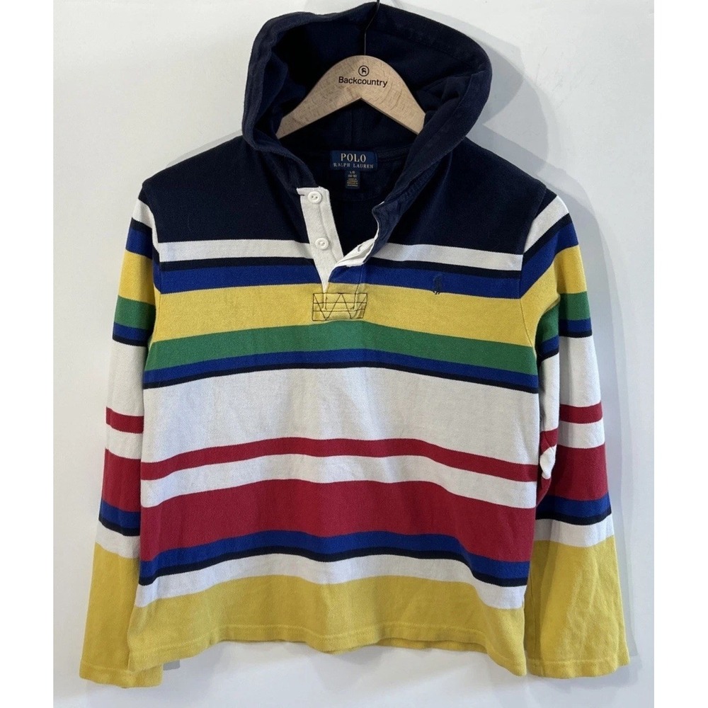 Boys Polo Ralph Lauren Multi‎ Stripe Long Sleeve Hooded Rugby Sz Large 14-16